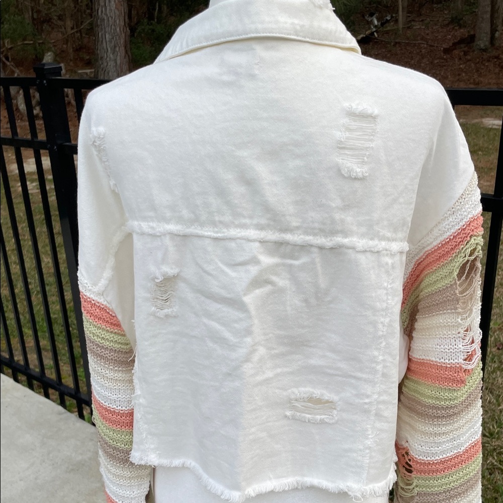 POL White Denim Distressed Jacket Multicolor Striped Crochet sleeves -NWOT - Picture 4 of 7